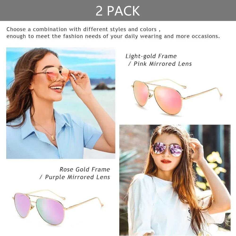 Women's Oversized Aviator Sunglasses Mirrored Polarized Lens 2 Pack UV Protectio